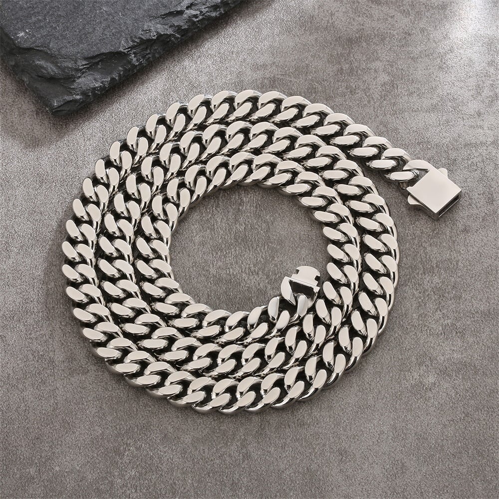 14mm Curb Cuban Link Chain in Silver White Gold Necklaces