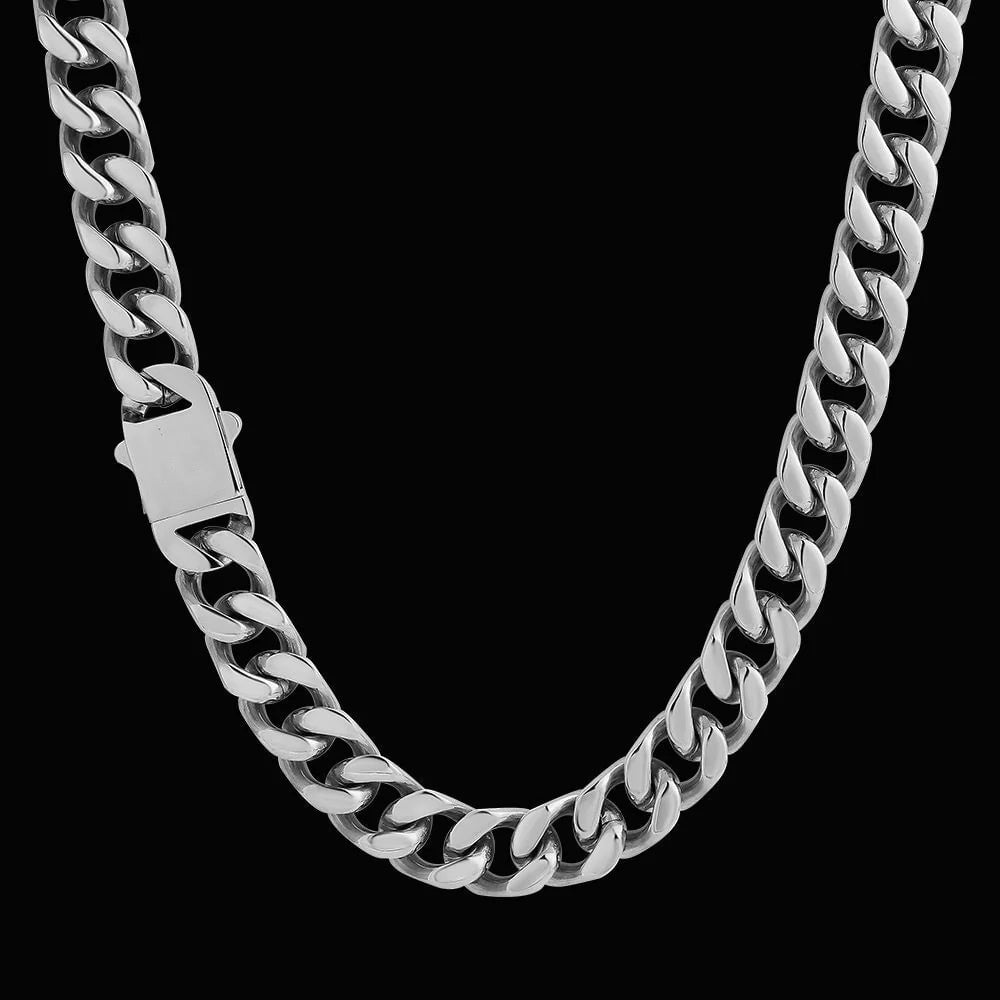 14mm Curb Cuban Link Chain in Silver White Gold Necklaces