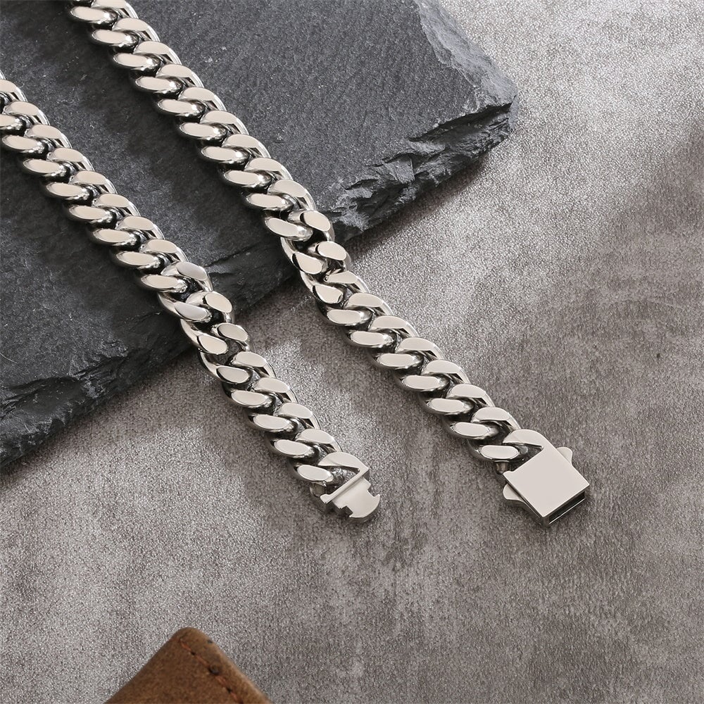 14mm Curb Cuban Link Chain in Silver White Gold Necklaces