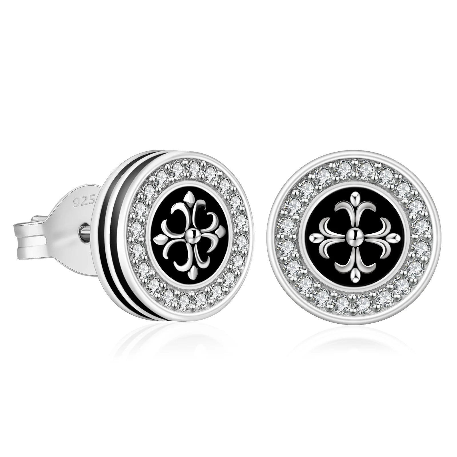 9mm Black Iced Diamond Stud Earrings - Cross Fleur-de-lis Lily flower Earrings