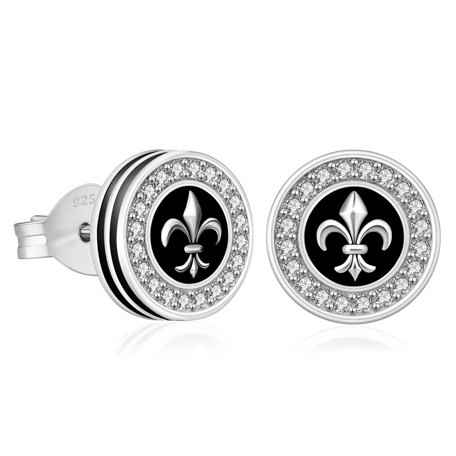 9mm Black Iced Diamond Stud Earrings - Fleur-de-lis Lily flower Earrings 