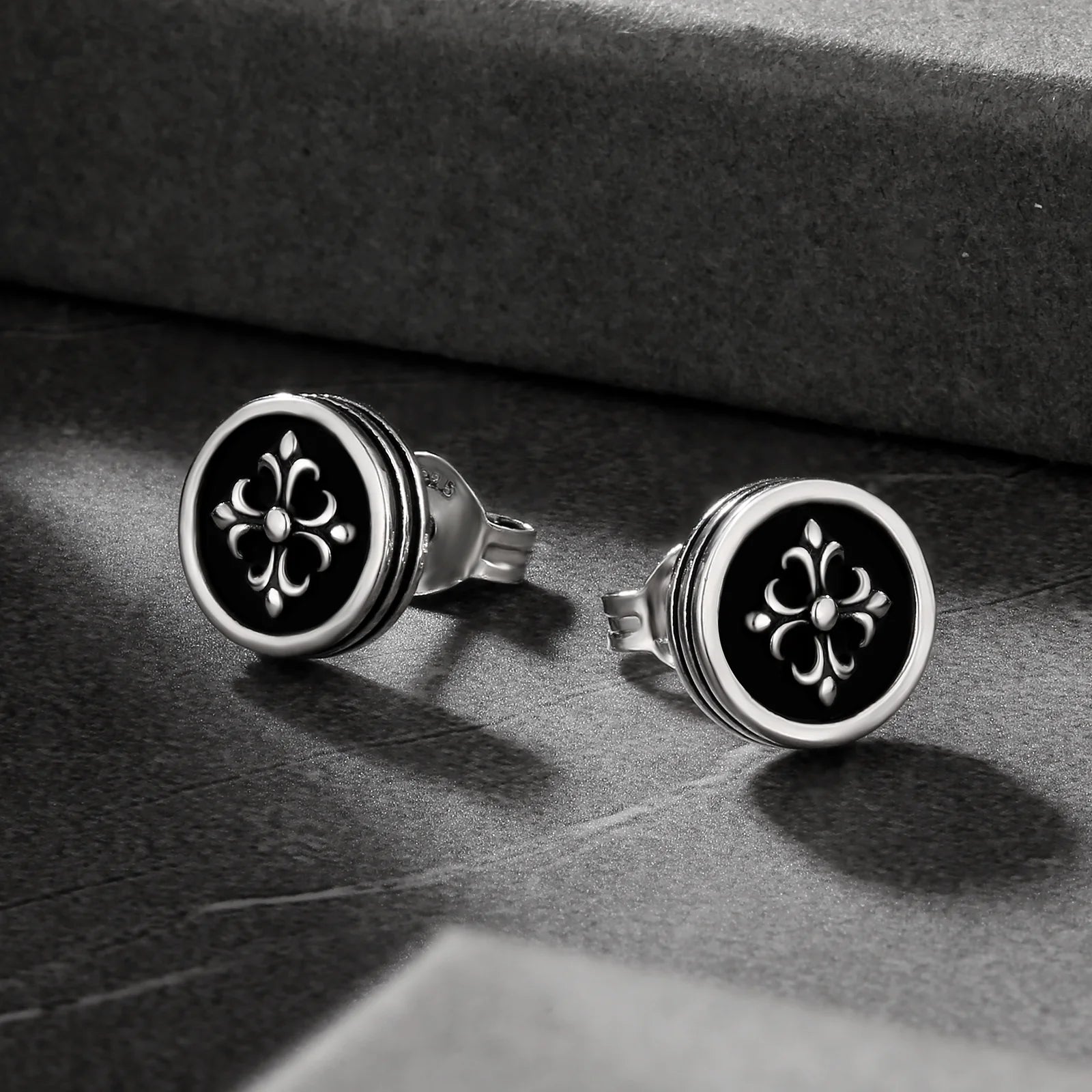 9mm Black Stud Earrings - Cross Fleur-de-lis Lily flower Earrings