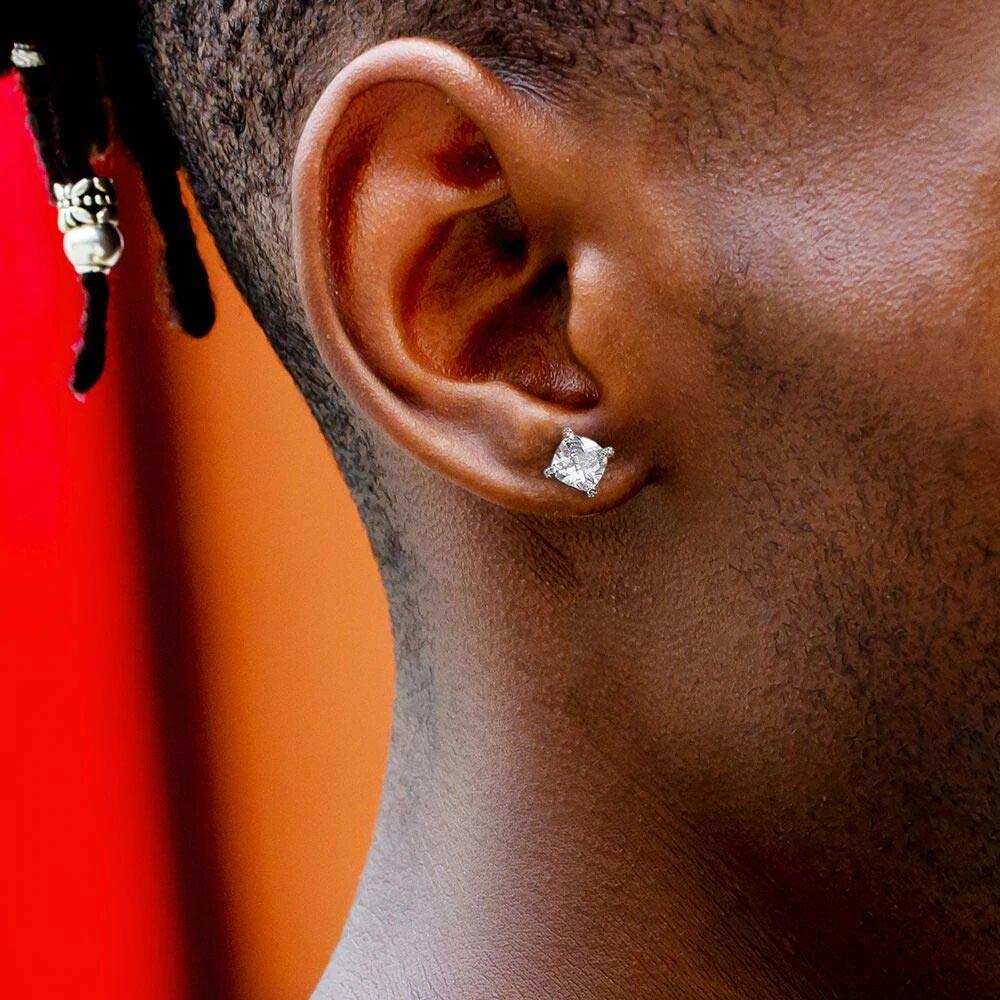 Clear White Diamond Stud 925 Sterling Silver Earrings for Men