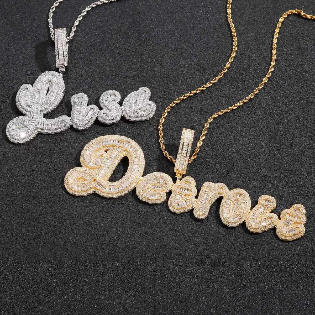 Custom Bling Name Baguette Letters Pendant Necklace Charms & Pendants