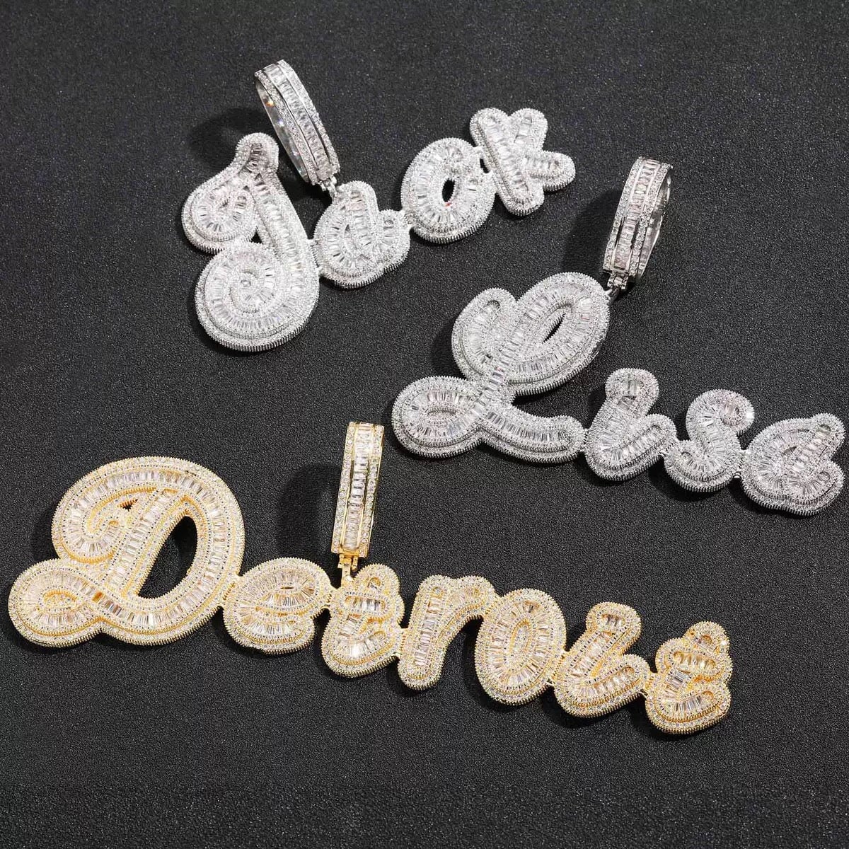 Custom Bling Name Baguette Letters Pendant Necklace Charms & Pendants