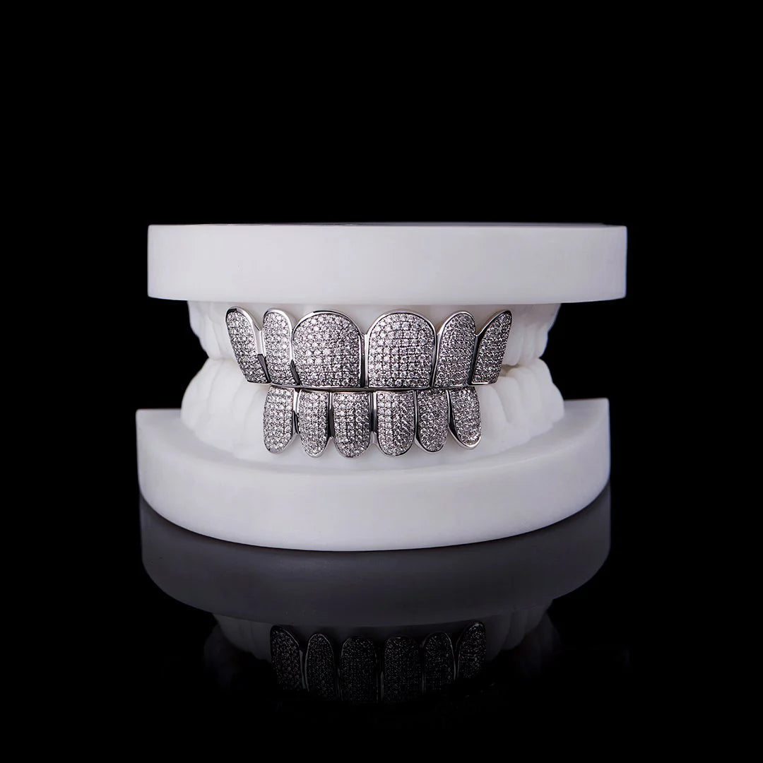 Custom Moissanite Diamond Iced Out Grillz in White Gold - Perm Cut