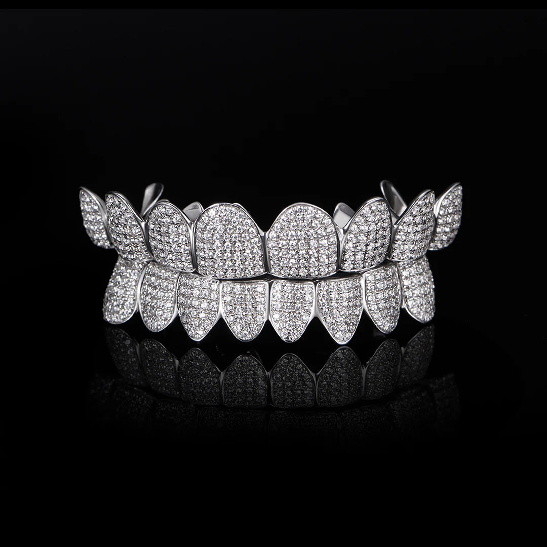 Custom Moissanite Diamond Iced Out Grillz in White Gold - Perm Cut