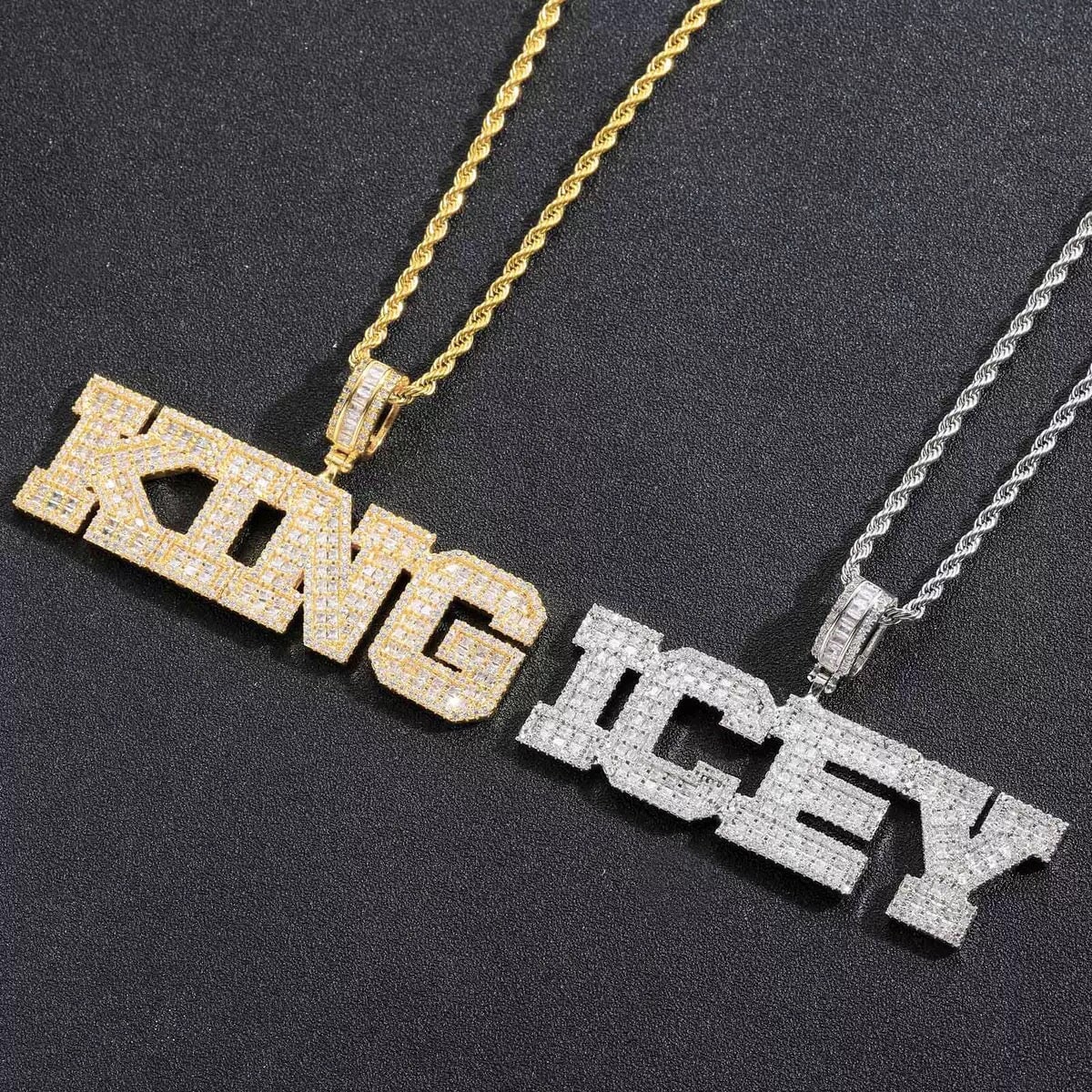 Custom Name Bling Baguette Letters Pendant Necklace Charms & Pendants
