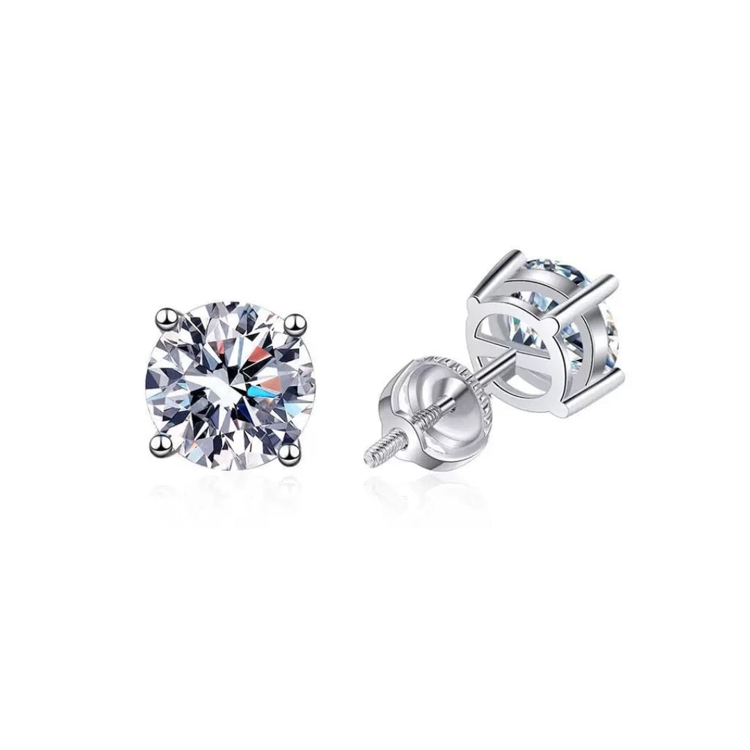 Moissanite Diamond Earrings Studs in White Gold - Screw Back Earrings