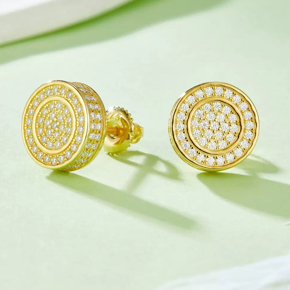 Moissanite Diamond Fully Iced Round Stud Earrings in 14K Gold - 11mm/Screw Back Earrings