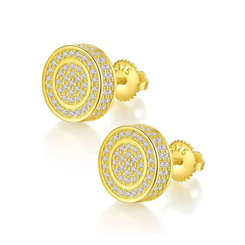 Moissanite Diamond Fully Iced Round Stud Earrings in 14K Gold - 11mm/Screw Back Earrings