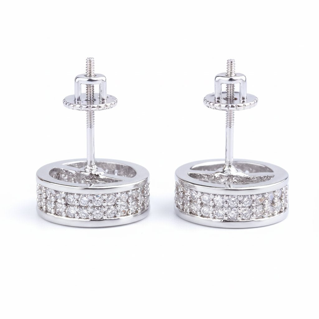 Moissanite Diamond Fully Iced Round Stud Earrings in White Gold - 11mm/Screw Back Earrings