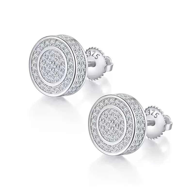 Moissanite Diamond Fully Iced Round Stud Earrings in White Gold - 11mm/Screw Back Earrings