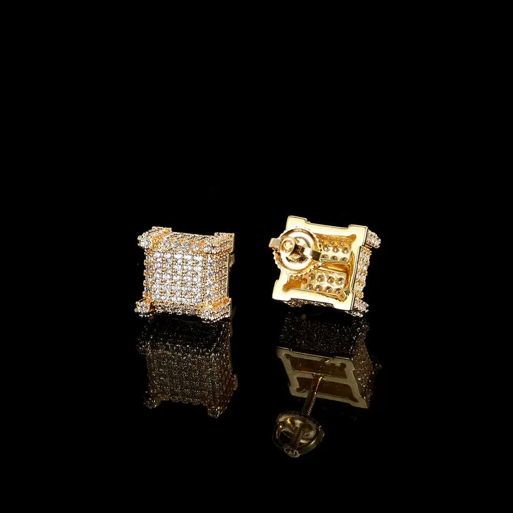 Moissanite Diamond Fully Iced Square Stud Earrings in 14K Gold - 10mm/Screw Back Earrings