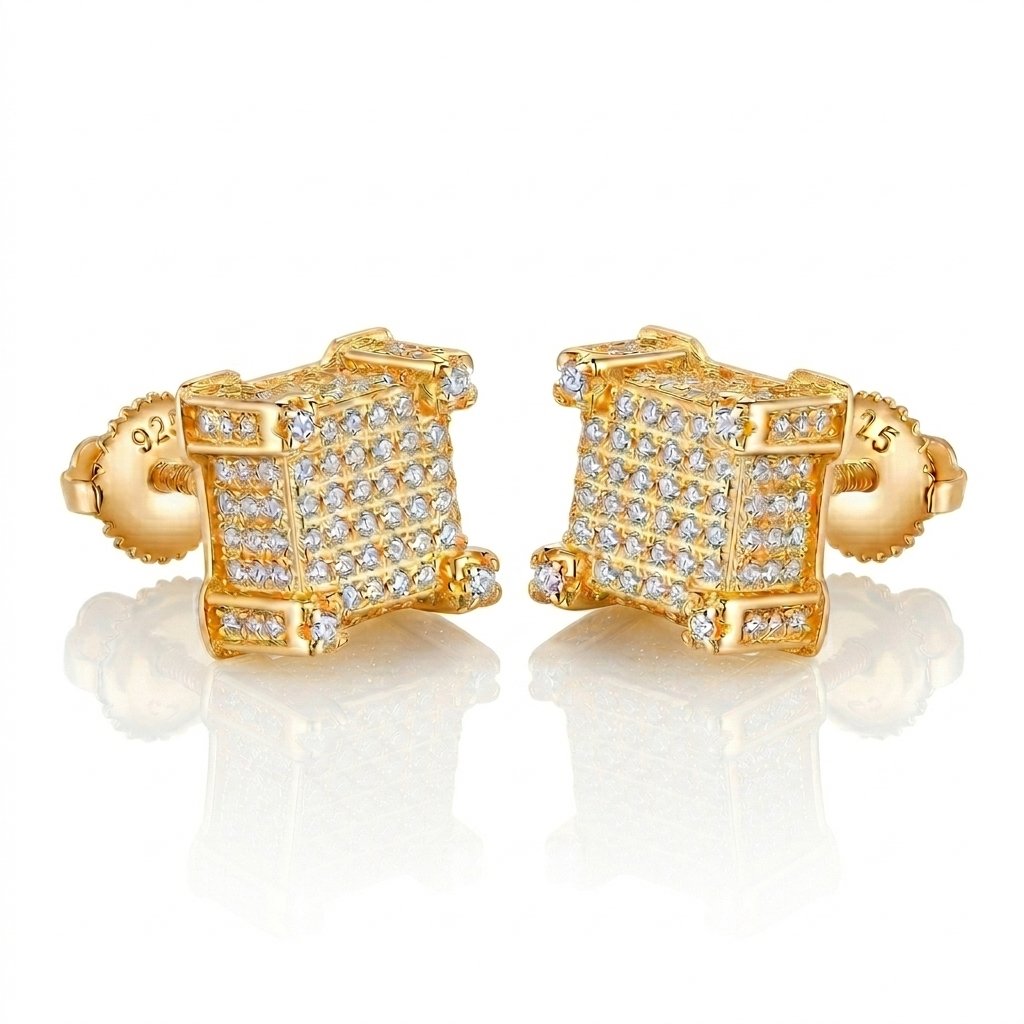 Moissanite Diamond Fully Iced Square Stud Earrings in 14K Gold - 10mm/Screw Back Earrings
