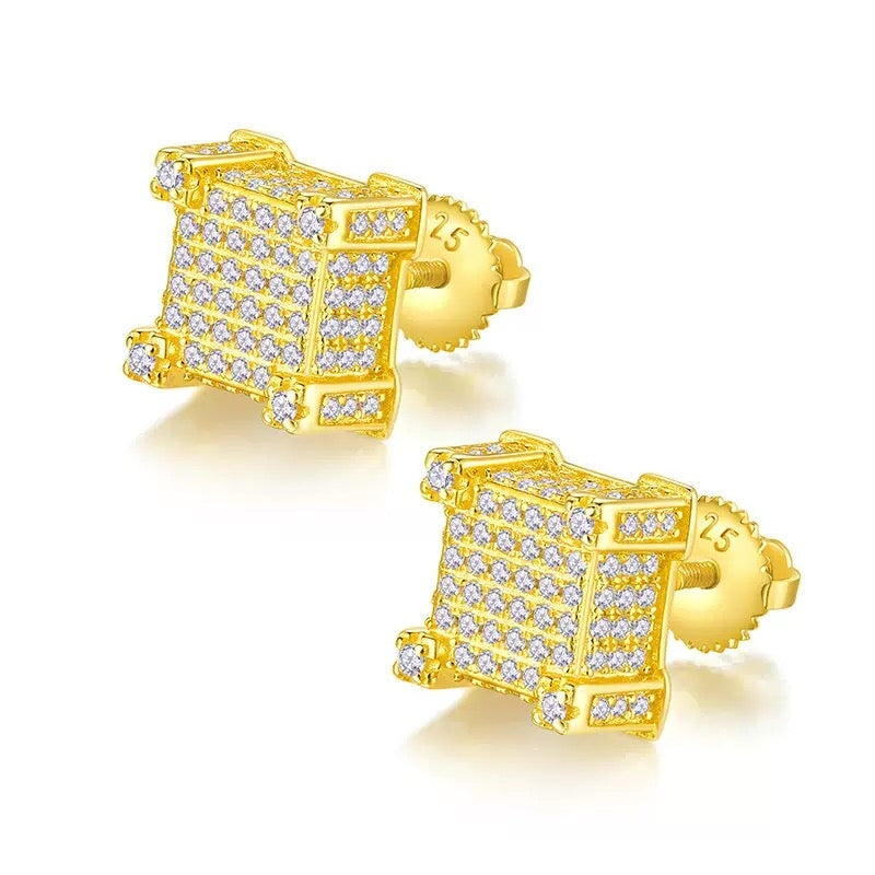 Moissanite Diamond Fully Iced Square Stud Earrings in 14K Gold - 10mm/Screw Back Earrings