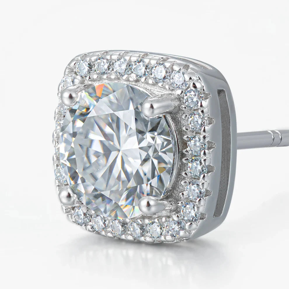 Moissanite Diamond Halo Square Stud Earrings in 925 Sterling Silver - 2.0 Carat Earrings