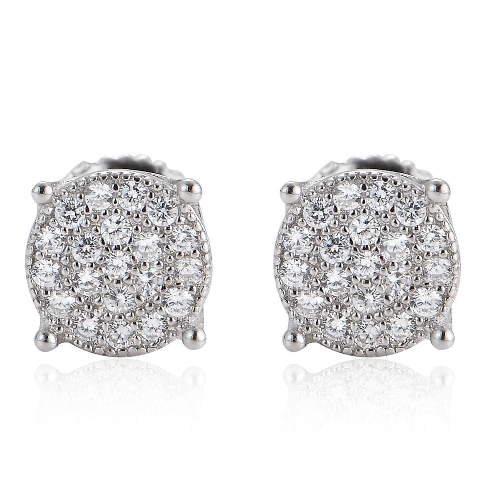 Moissanite Diamond Iced Round Stud Earrings in White Gold - 10mm/Screw Back Earrings