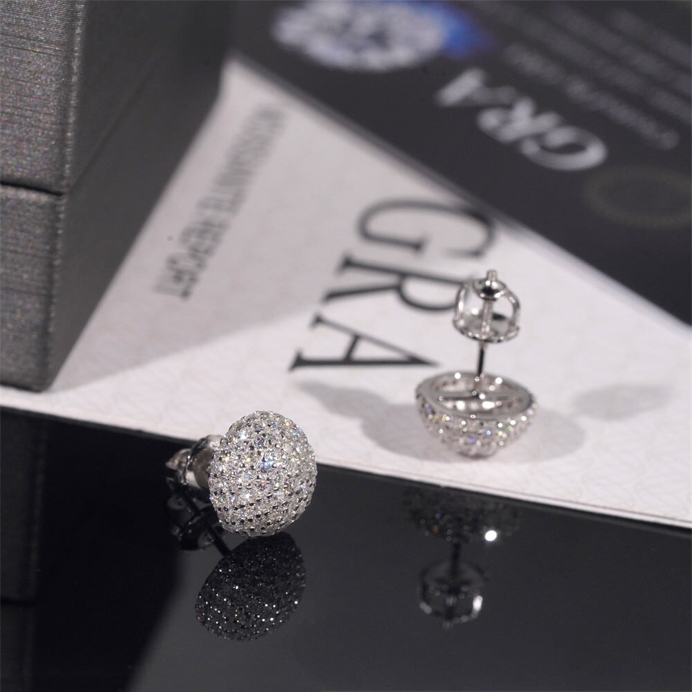 Moissanite Diamond Paved Ball Stud Earrings in White Gold - 10mm/Screw Back Earrings