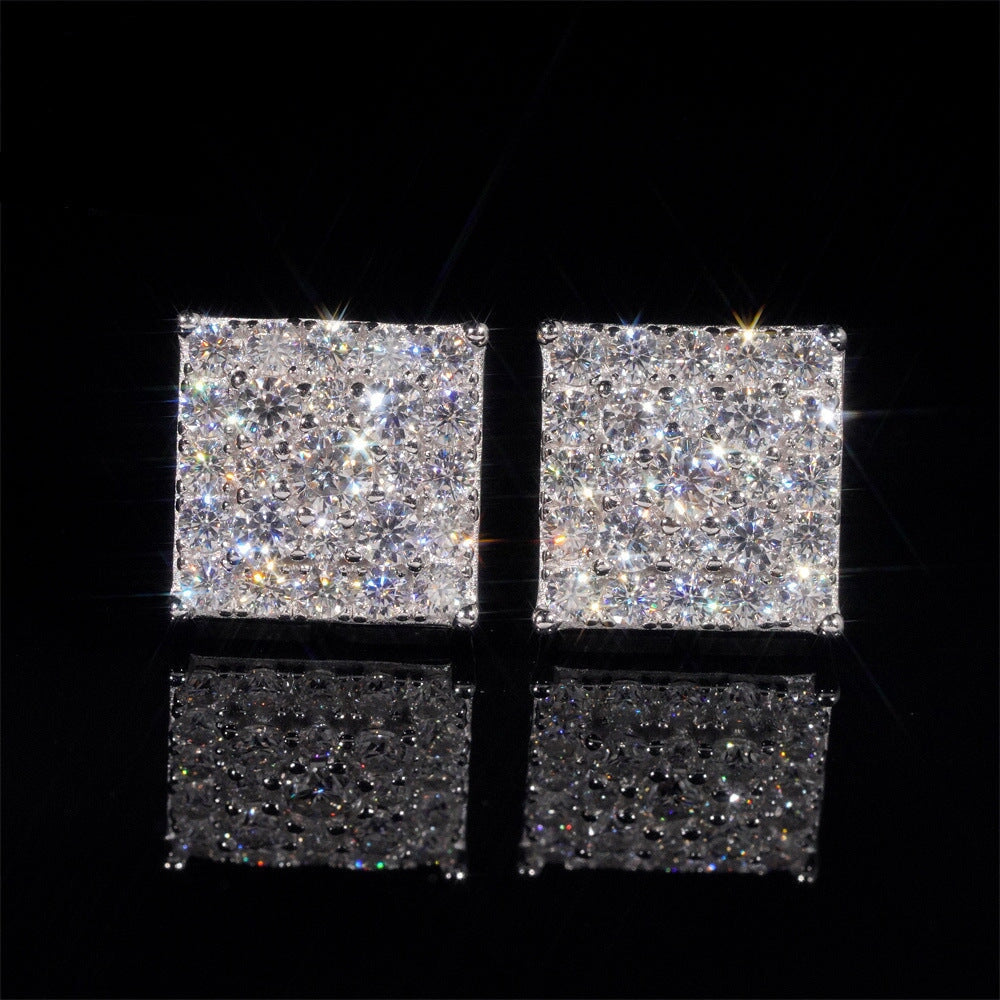 Moissanite Diamond Paved Square Stud Earrings in White Gold - 11mm/Screw Back Earrings