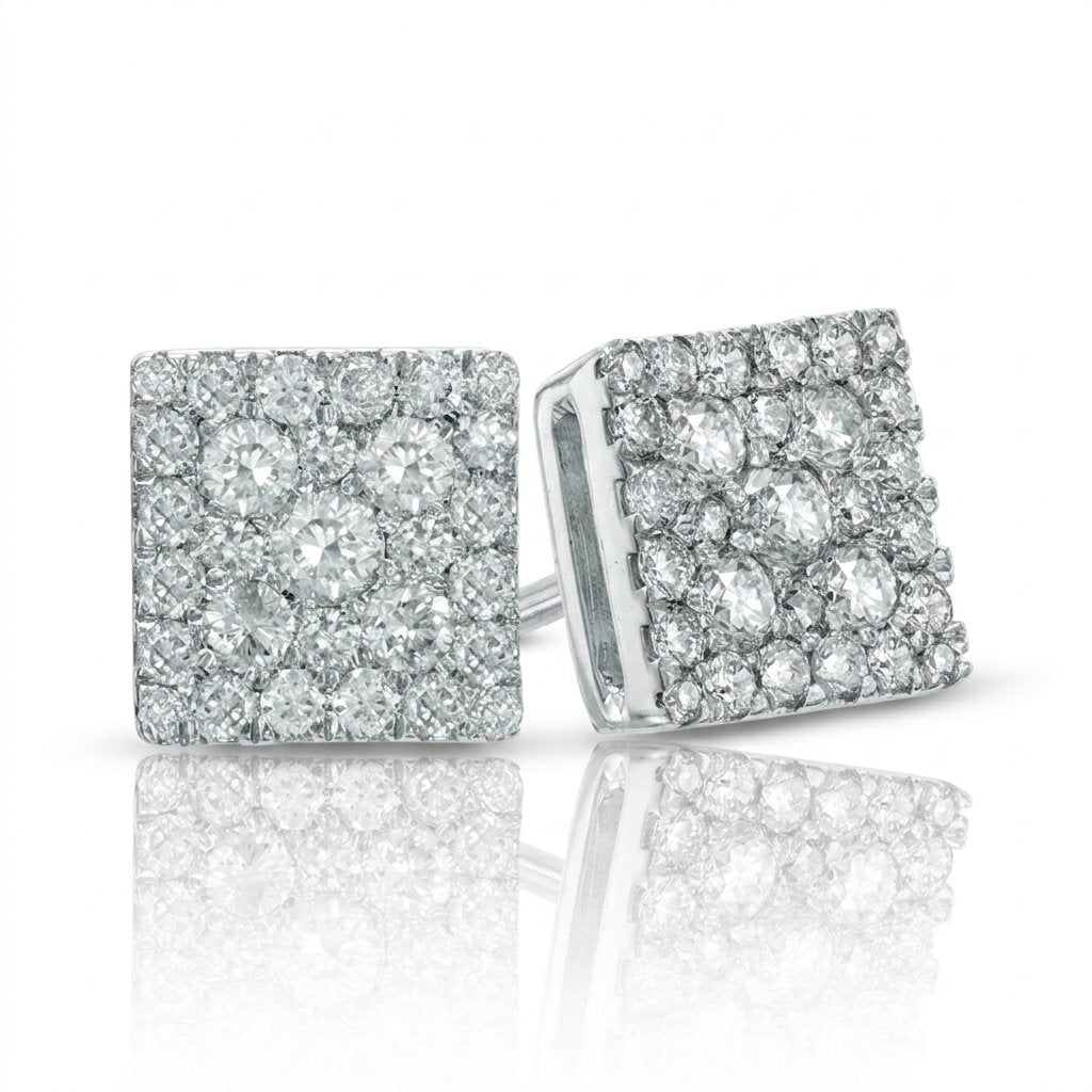 Moissanite Diamond Paved Square Stud Earrings in White Gold - 11mm/Screw Back Earrings