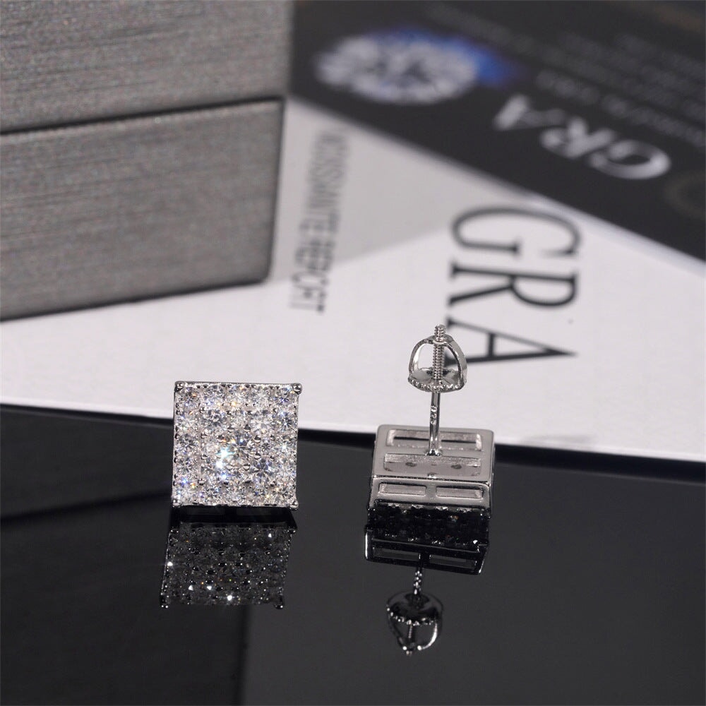 Moissanite Diamond Paved Square Stud Earrings in White Gold - 11mm/Screw Back Earrings