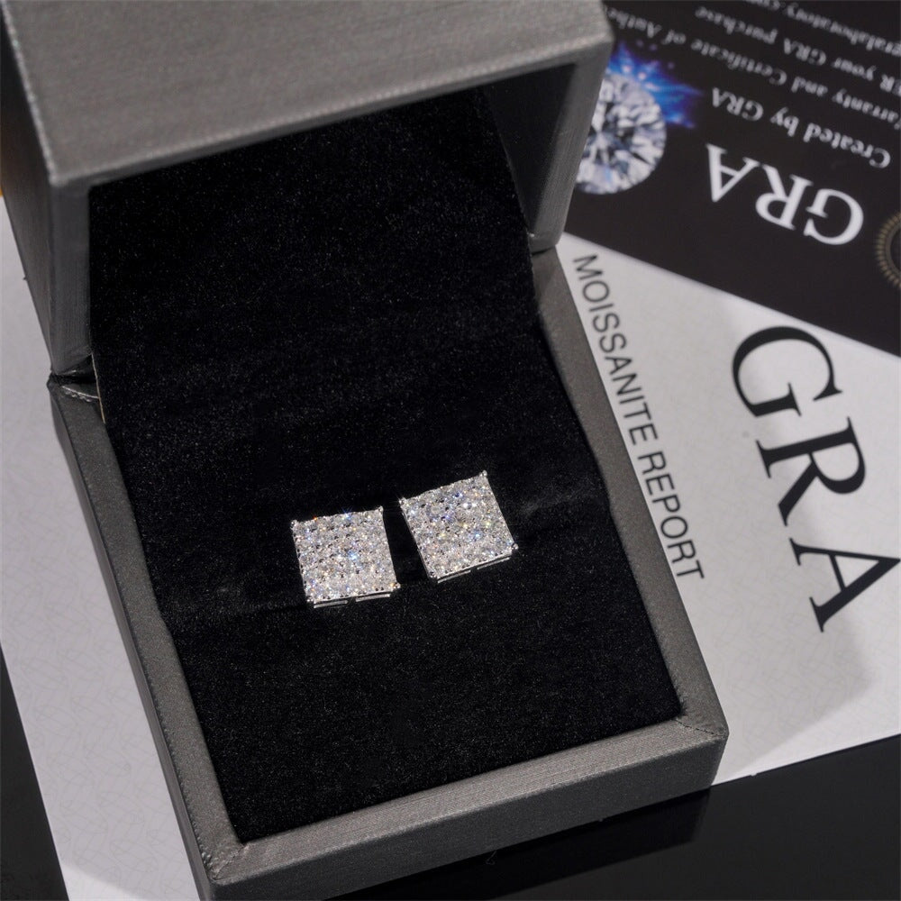 Moissanite Diamond Paved Square Stud Earrings in White Gold - 11mm/Screw Back Earrings