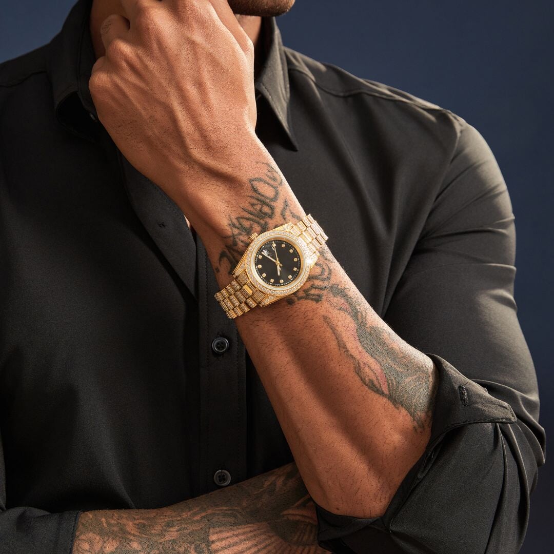 Moissanite Iced Out Presidential Watch in 14K Gold - Black