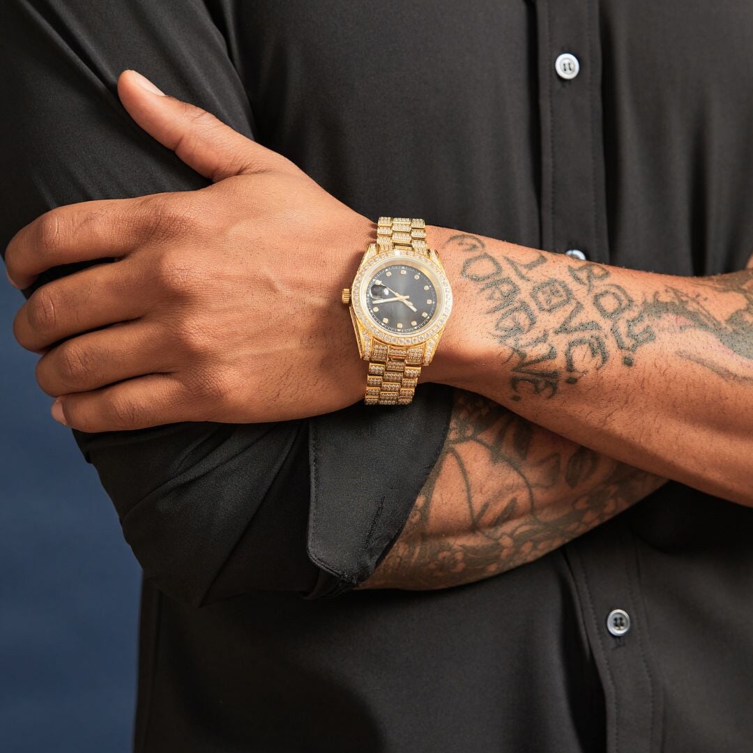 Moissanite Iced Out Presidential Watch in 14K Gold - Black