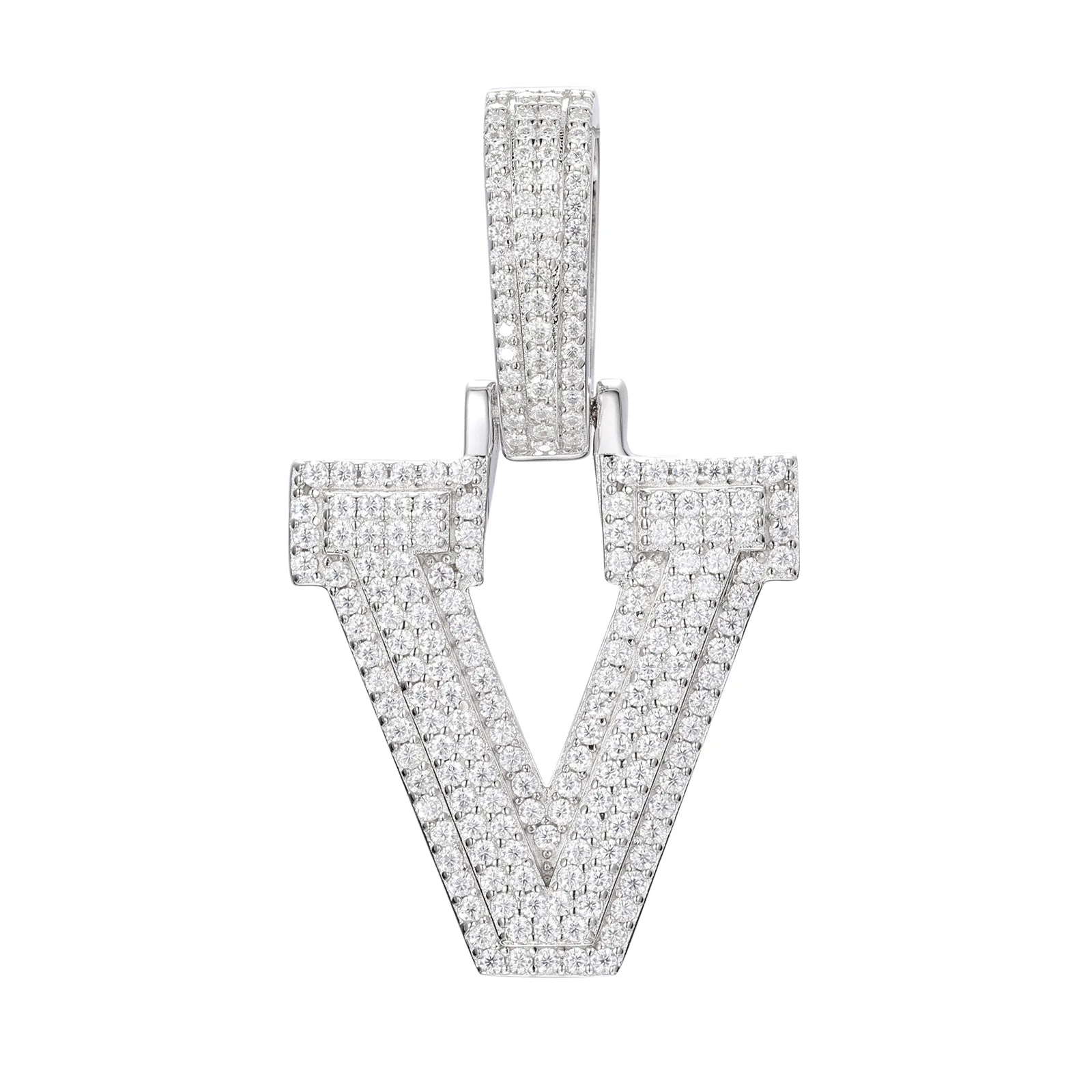 Moissanite Inital Letter Pendant in Solid Silver White Gold Charms & Pendants S925 White Gold V