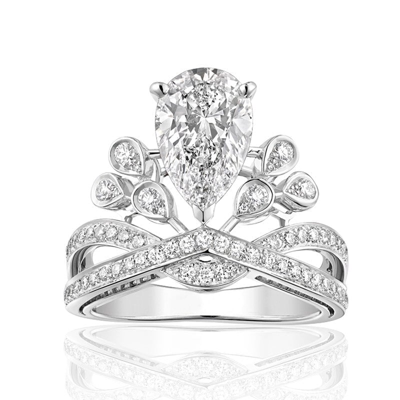 Pear Cut Moissanite Diamond Paved Princess Crown Ring for Women Rings