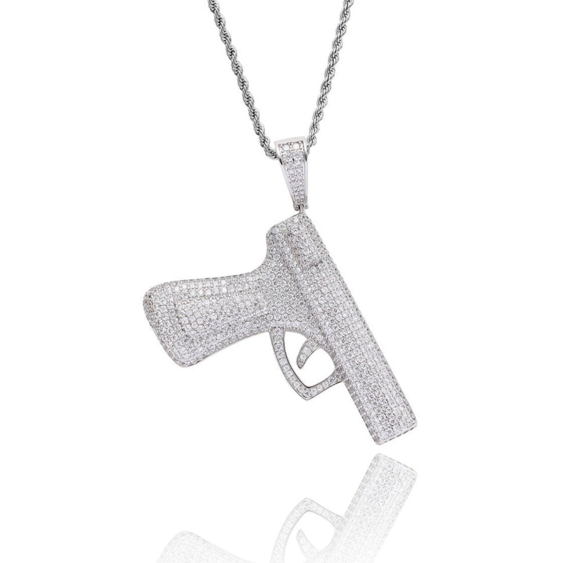 Pistol Handgun Pendant - 3.5inch Charms & Pendants Brass with CZ Stone Free Rope Chain White Gold