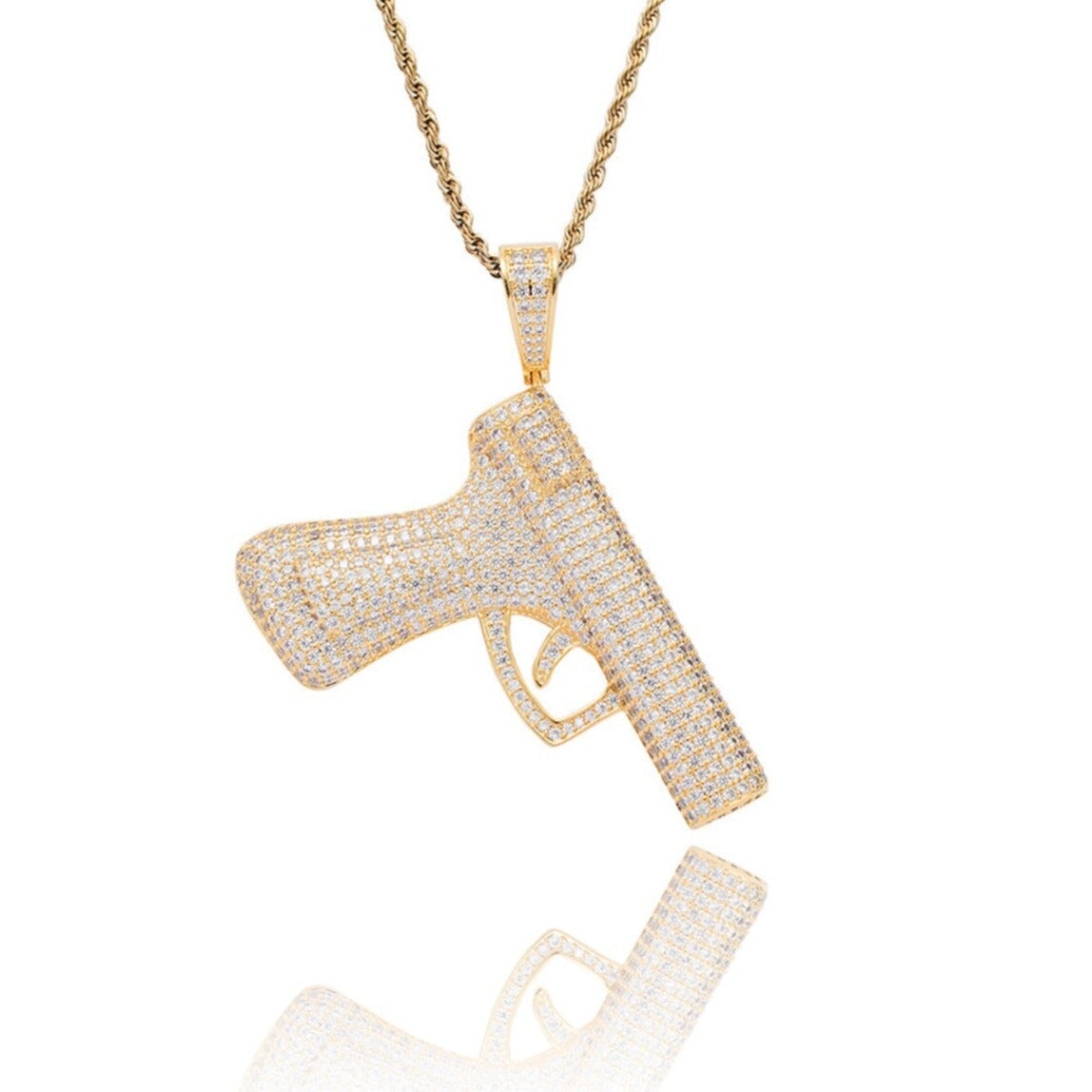 Pistol Handgun Pendant - 3.5inch Charms & Pendants Brass with CZ Stone Free Rope Chain Yellow Gold