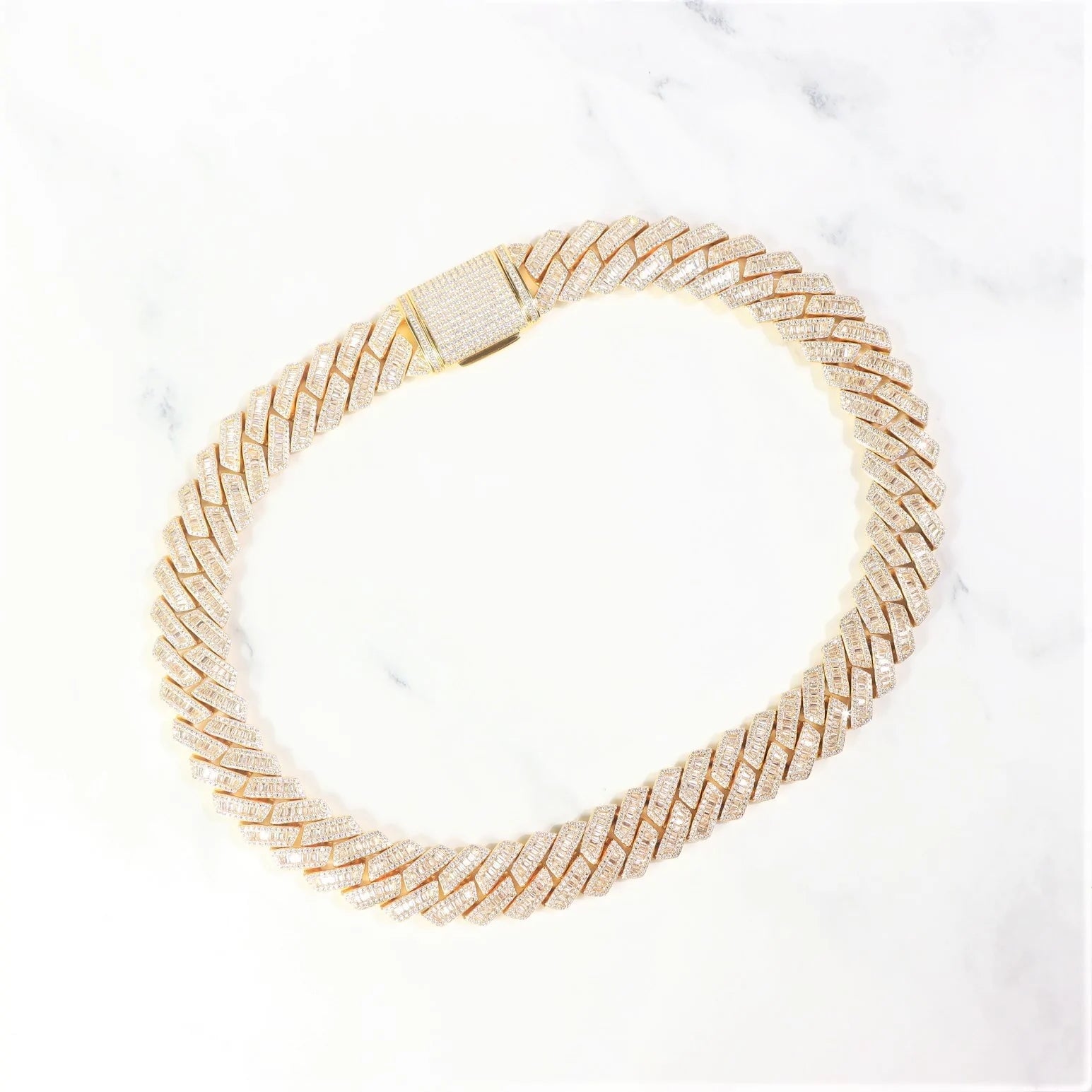 S925 Baguette Moissanite Diamond Cuban Link Chain in 14K Gold - 16mm