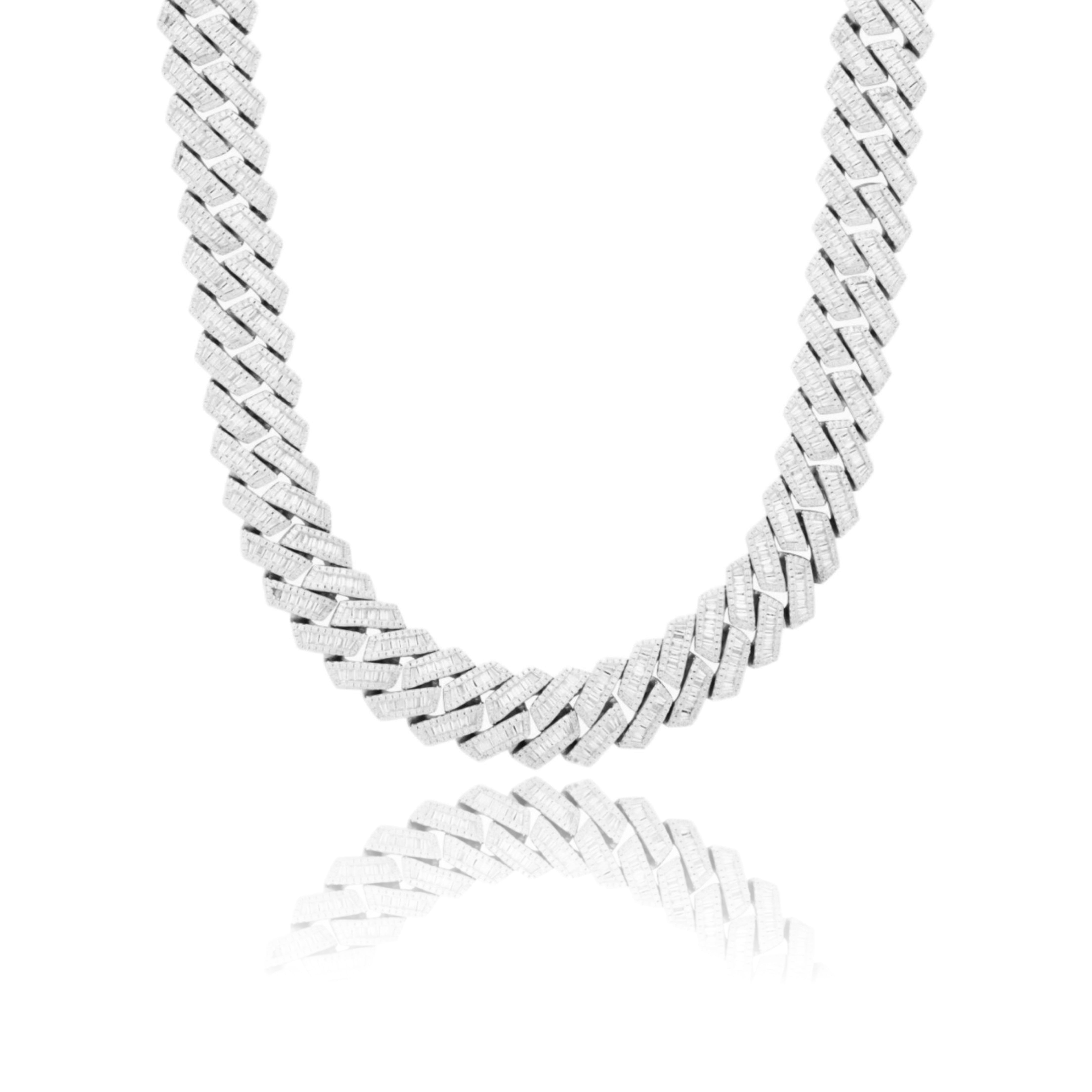 S925 Baguette Moissanite Diamond Cuban Link Chain in White Gold - 16mm