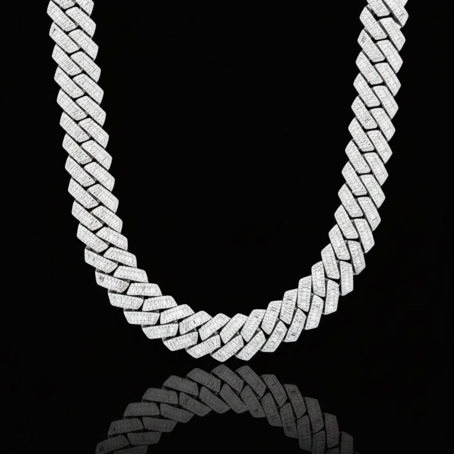 S925 Baguette Moissanite Diamond Cuban Link Chain in White Gold - 16mm