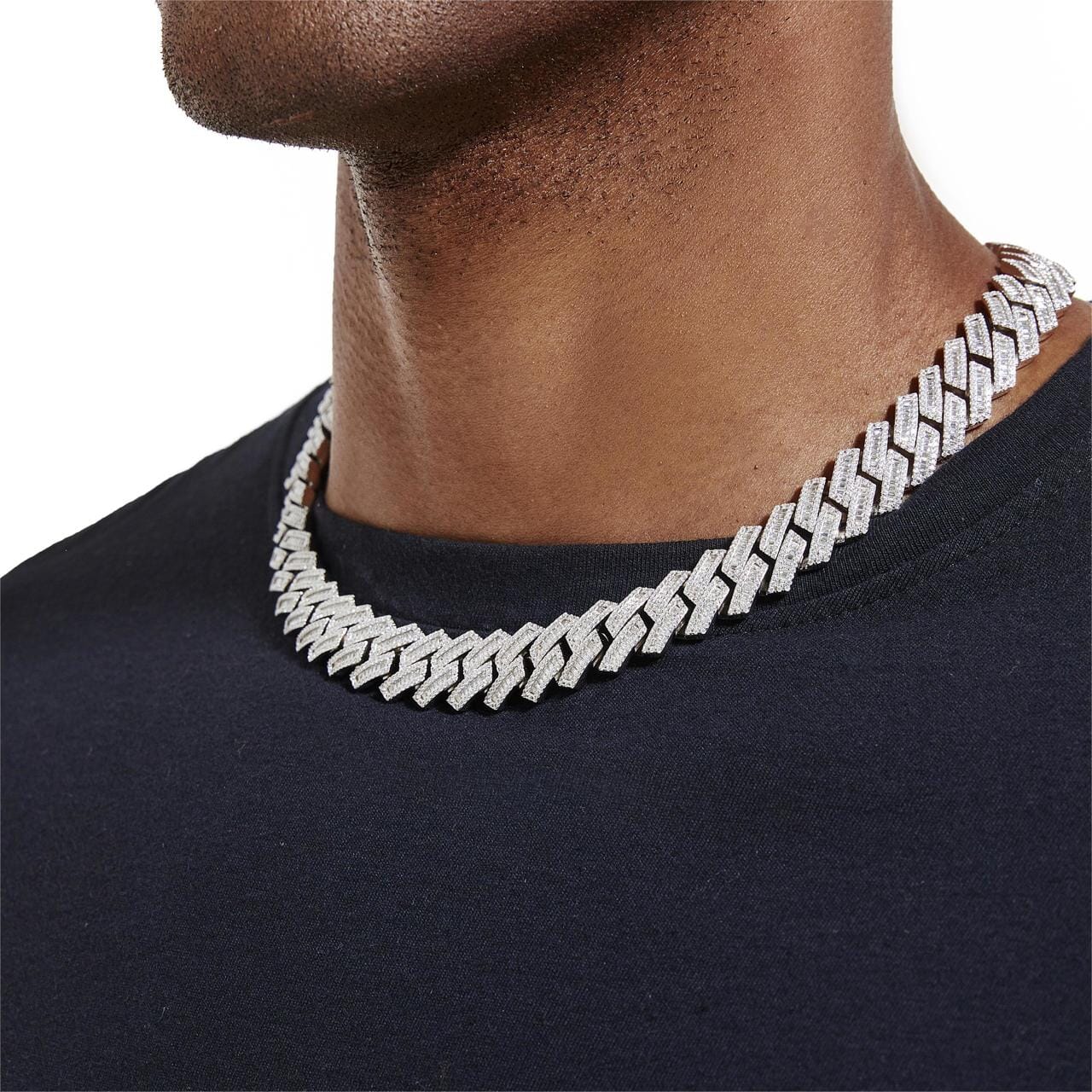 S925 Baguette Moissanite Diamond Cuban Link Chain in White Gold - 16mm