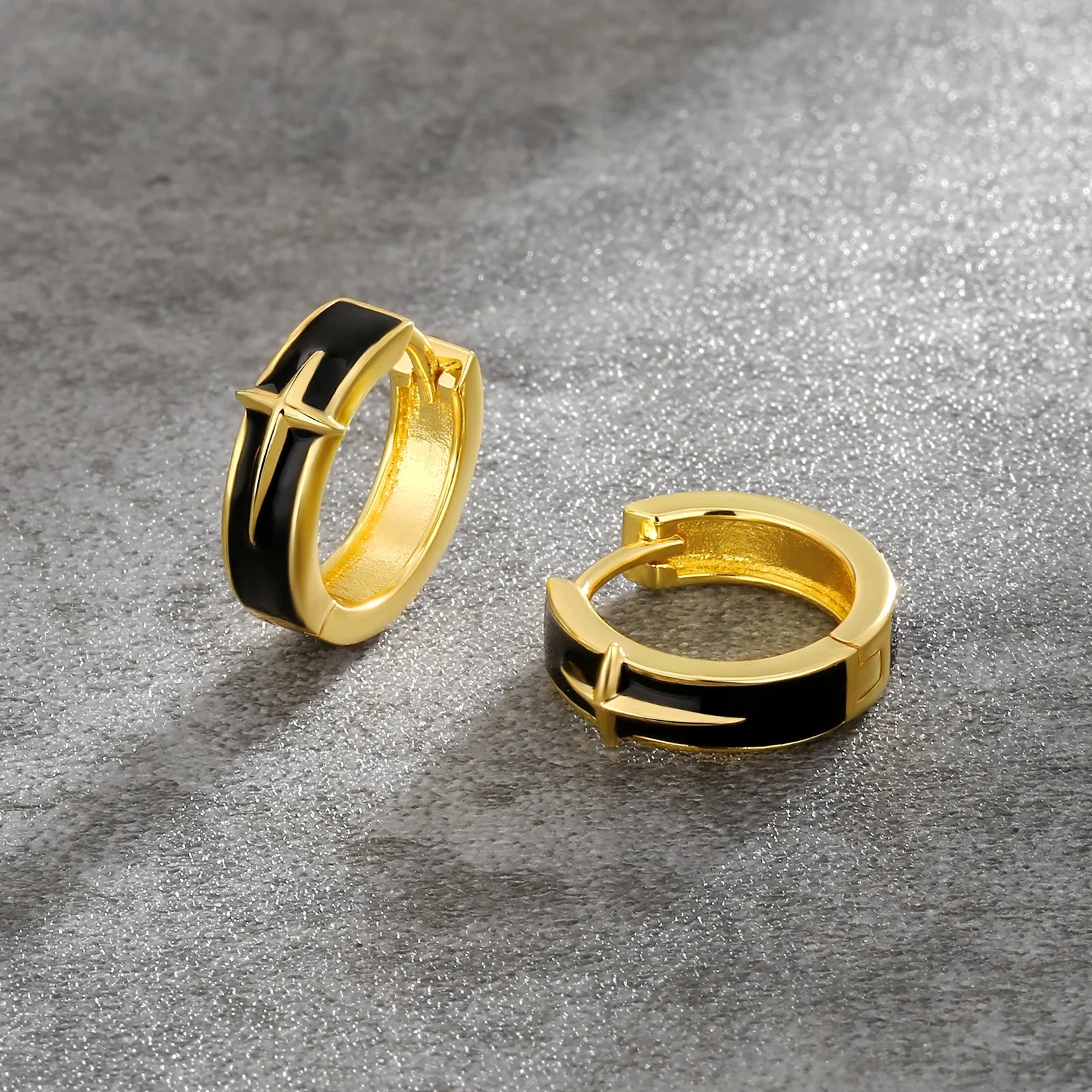 S925 Black Enamel Star Hoop Earrings in 14K Gold - 15mm Earrings