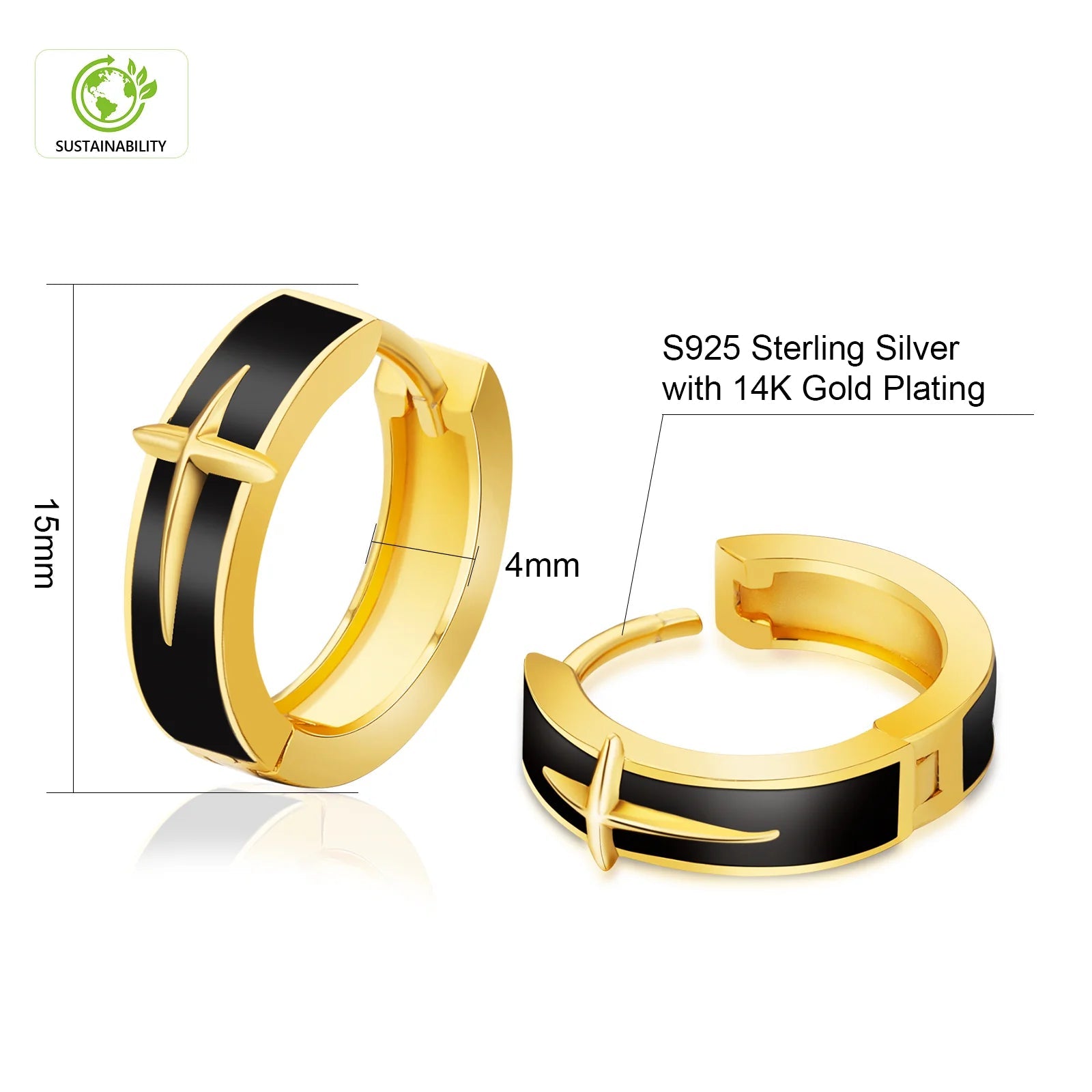 S925 Black Enamel Star Hoop Earrings in 14K Gold - 15mm Earrings