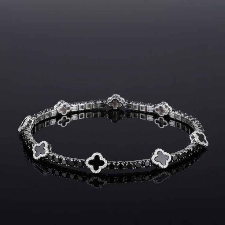 S925 Black Moissanite Clover Leaf Tennis Bracelet in White Gold - 3mm Bracelets
