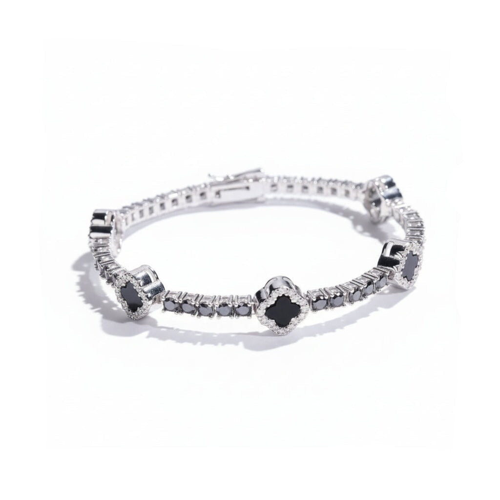S925 Black Moissanite Clover Leaf Tennis Bracelet in White Gold - 3mm Bracelets
