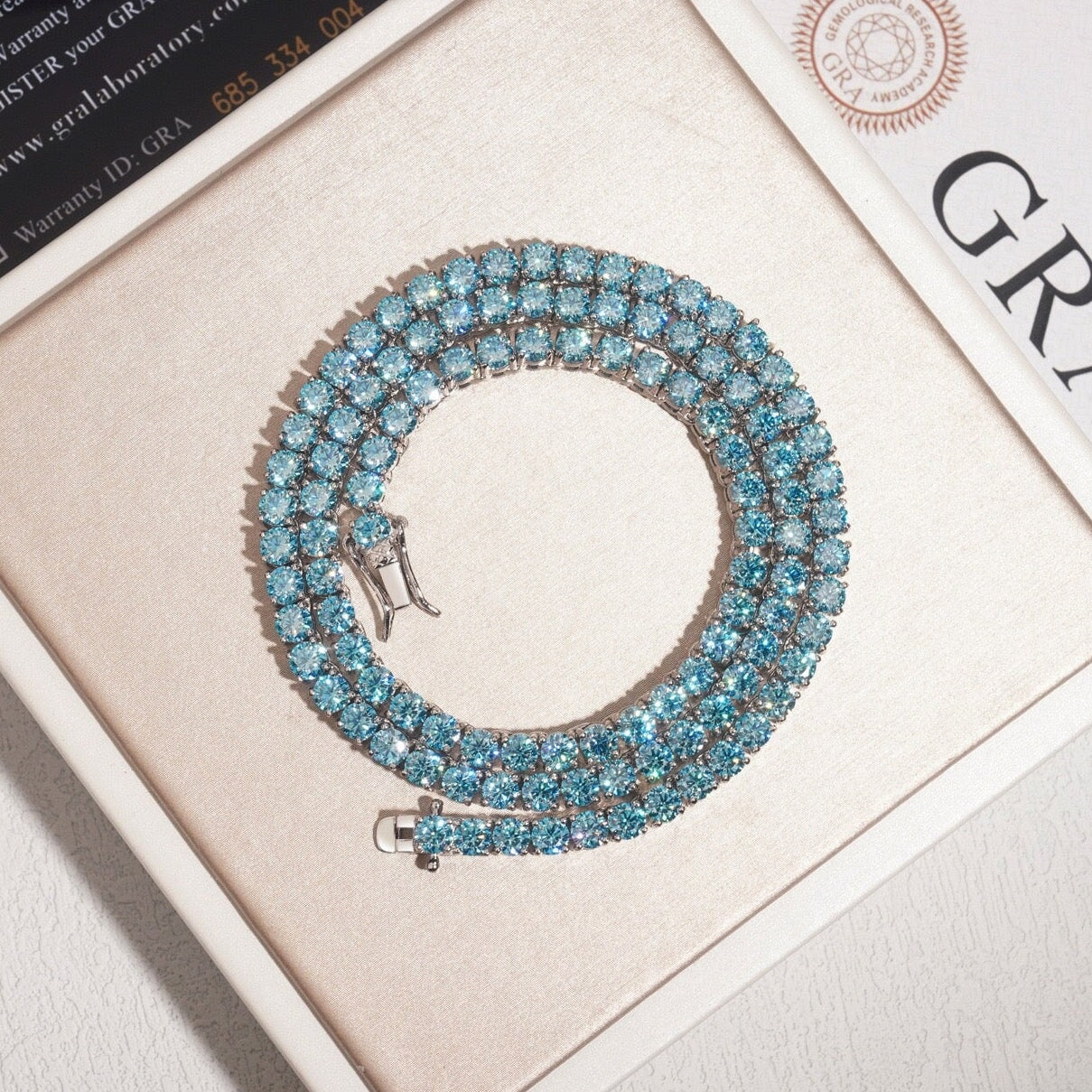 S925 Blue Moissanite Diamond Tennis Chain in White Gold - All Sizes Necklaces