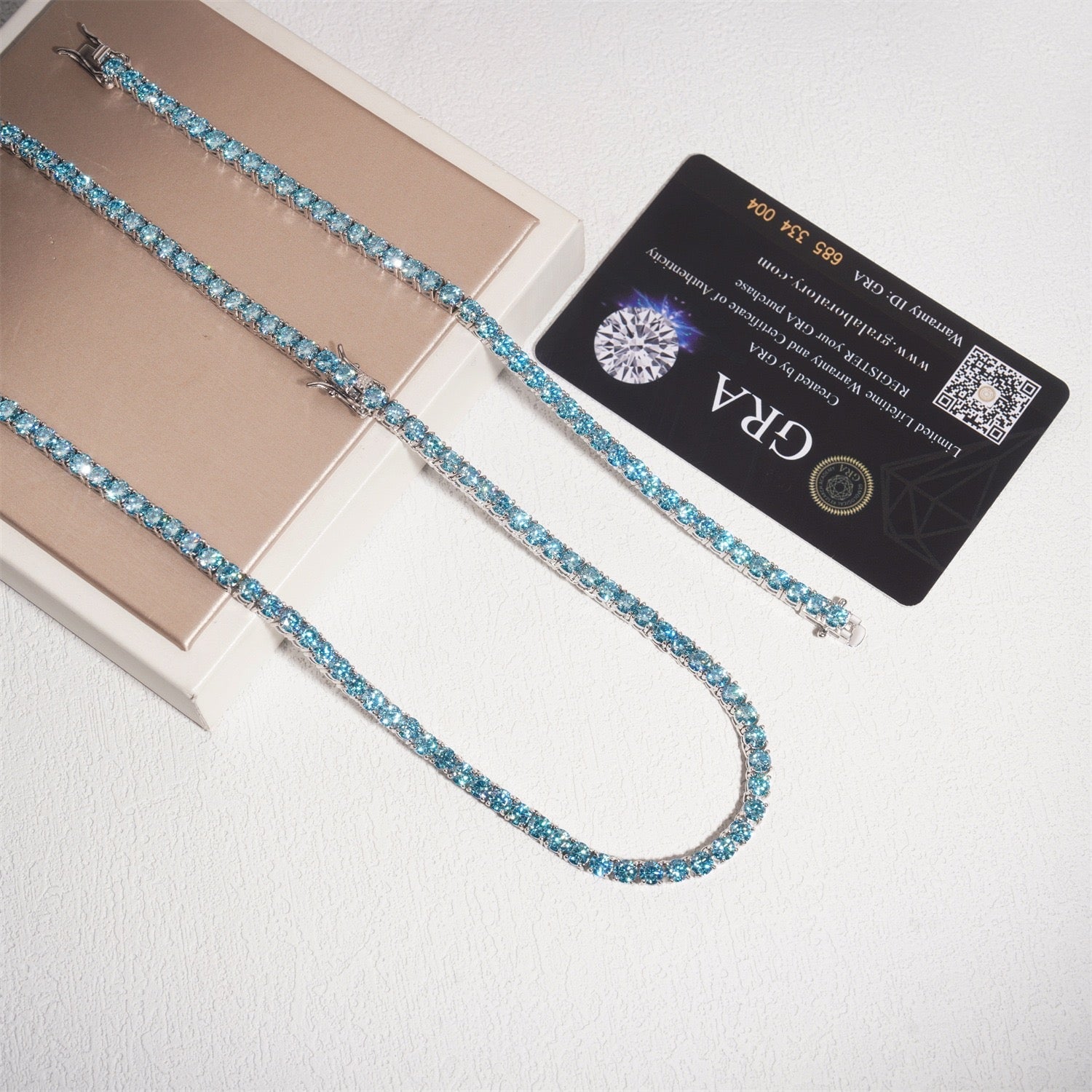 S925 Blue Moissanite Diamond Tennis Chain in White Gold - All Sizes Necklaces