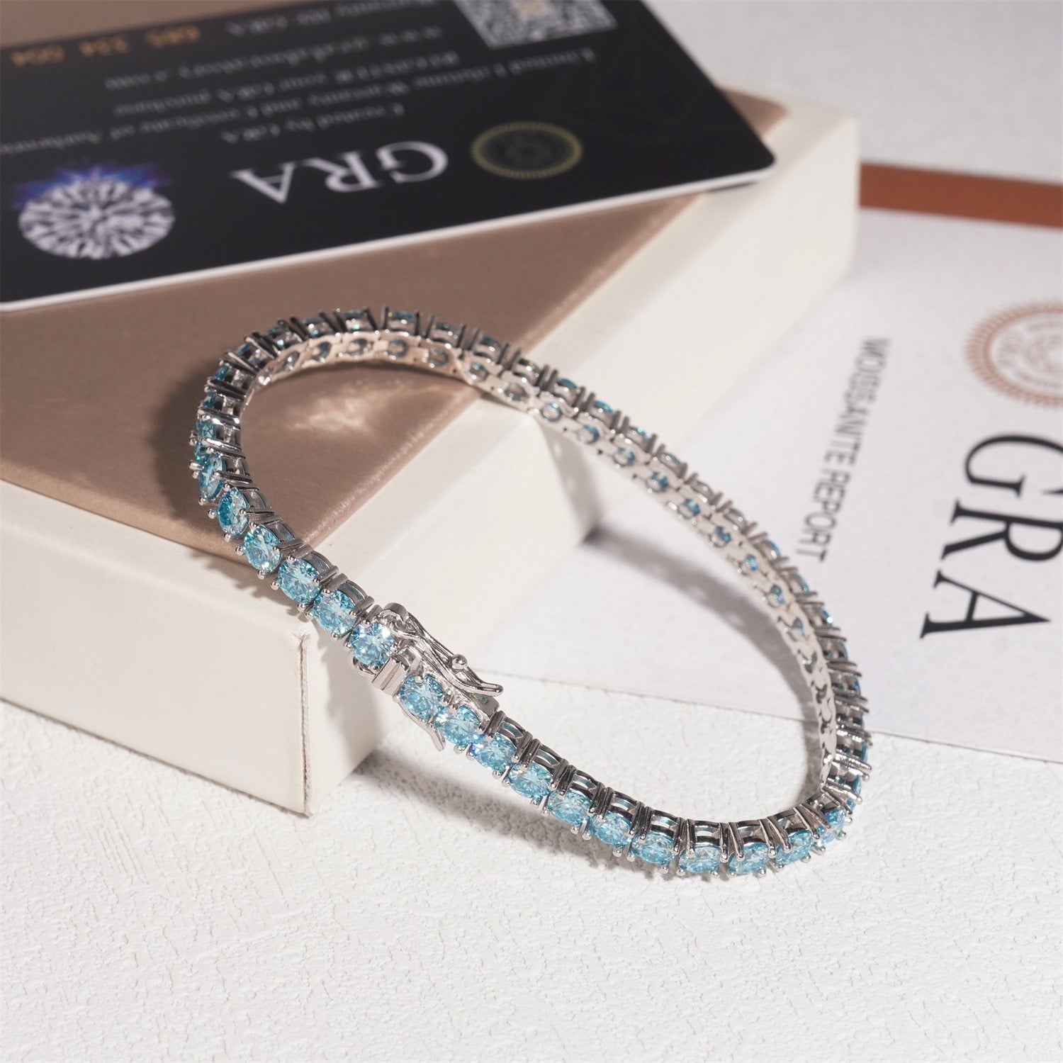 S925 Blue Moissanite Diamond Tennis Chain in White Gold - All Sizes Necklaces