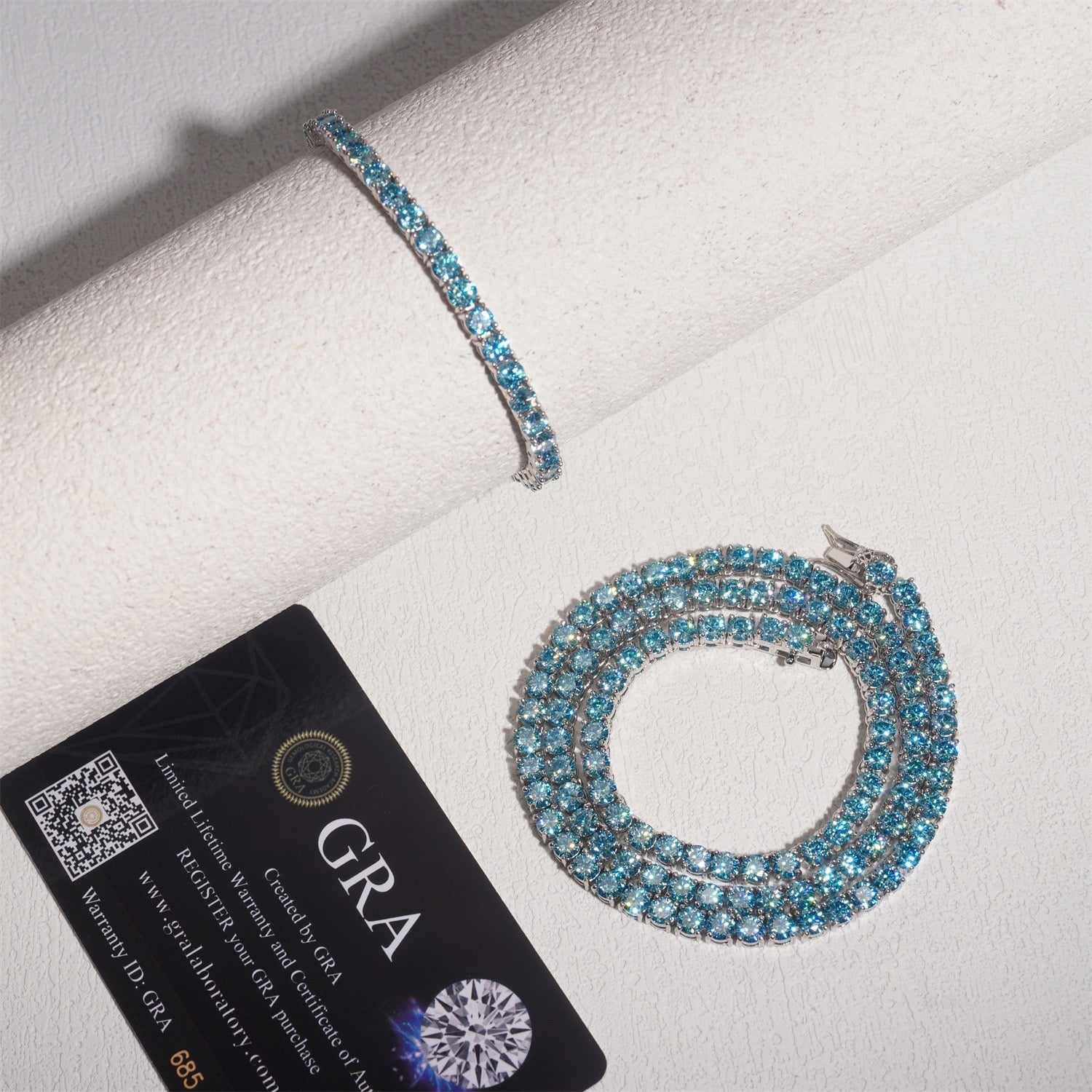 S925 Blue Moissanite Diamond Tennis Chain in White Gold - All Sizes Necklaces