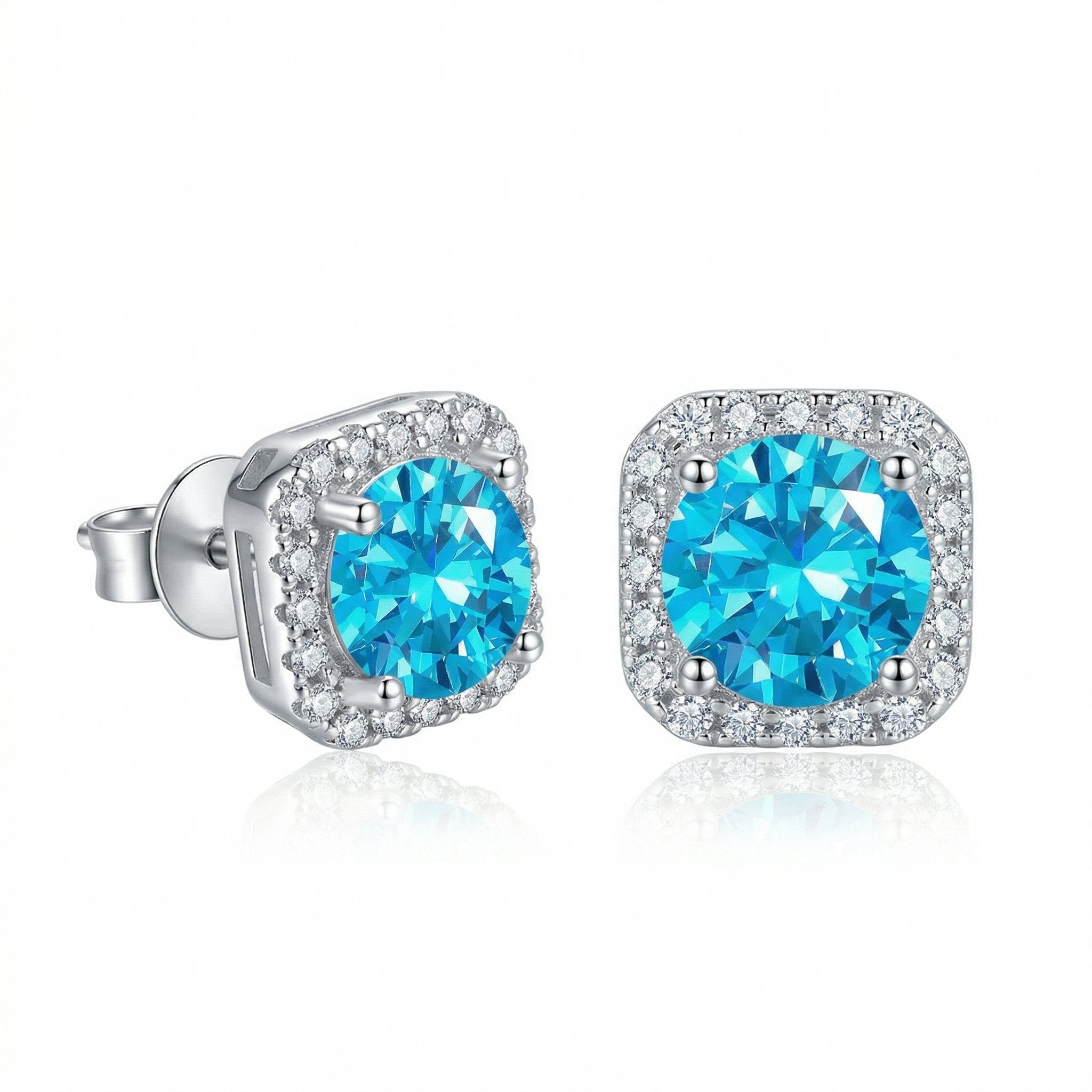 S925 Blue Moissanite Halo Square Stud Earrings in White Gold - 1.0 Carat Earrings