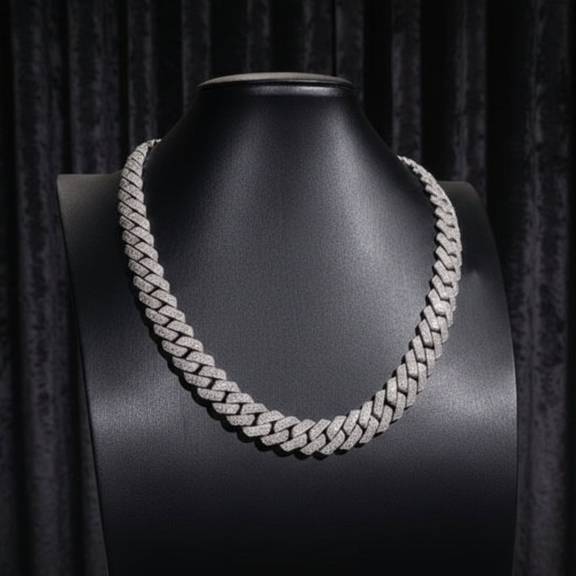 S925 Moissanite 4 Rows Prong Cuban Link Chain in White Gold - 15mm Necklaces