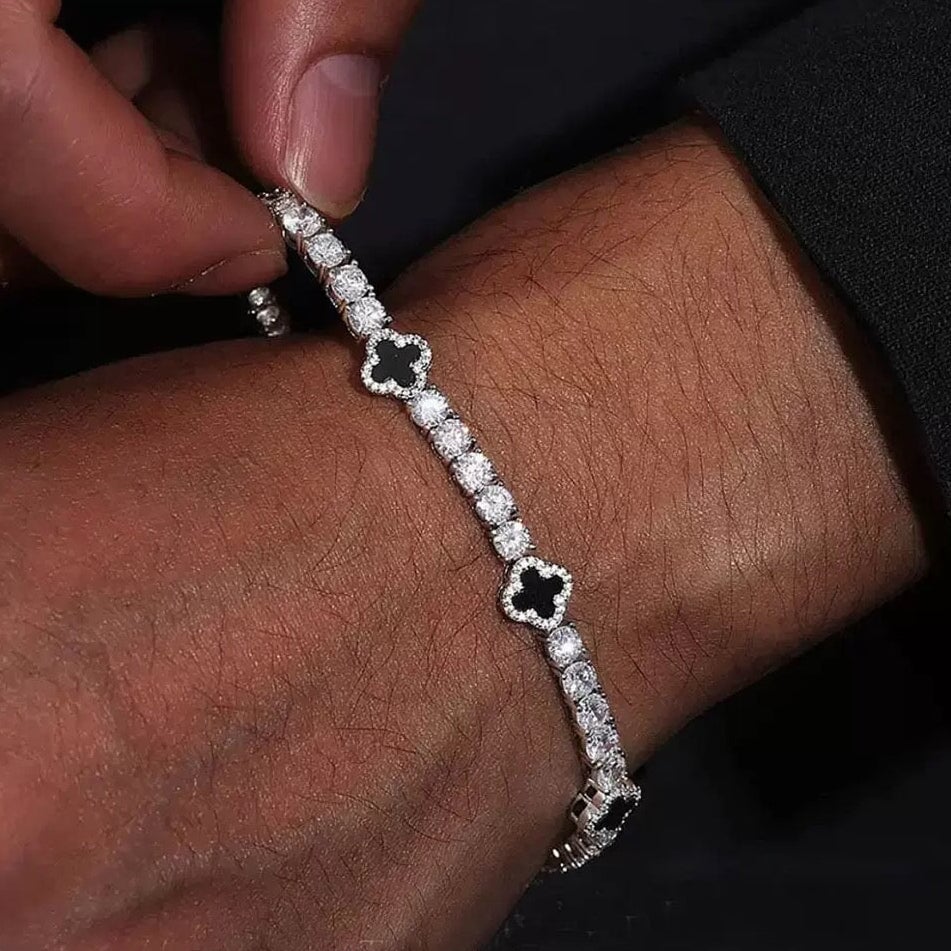 S925 Moissanite Black Clover Leaf Tennis Bracelet in White Gold - 3mm Bracelets