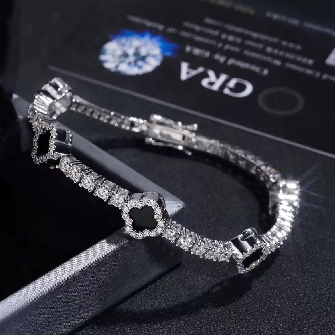 S925 Moissanite Black Clover Leaf Tennis Bracelet in White Gold - 3mm Bracelets