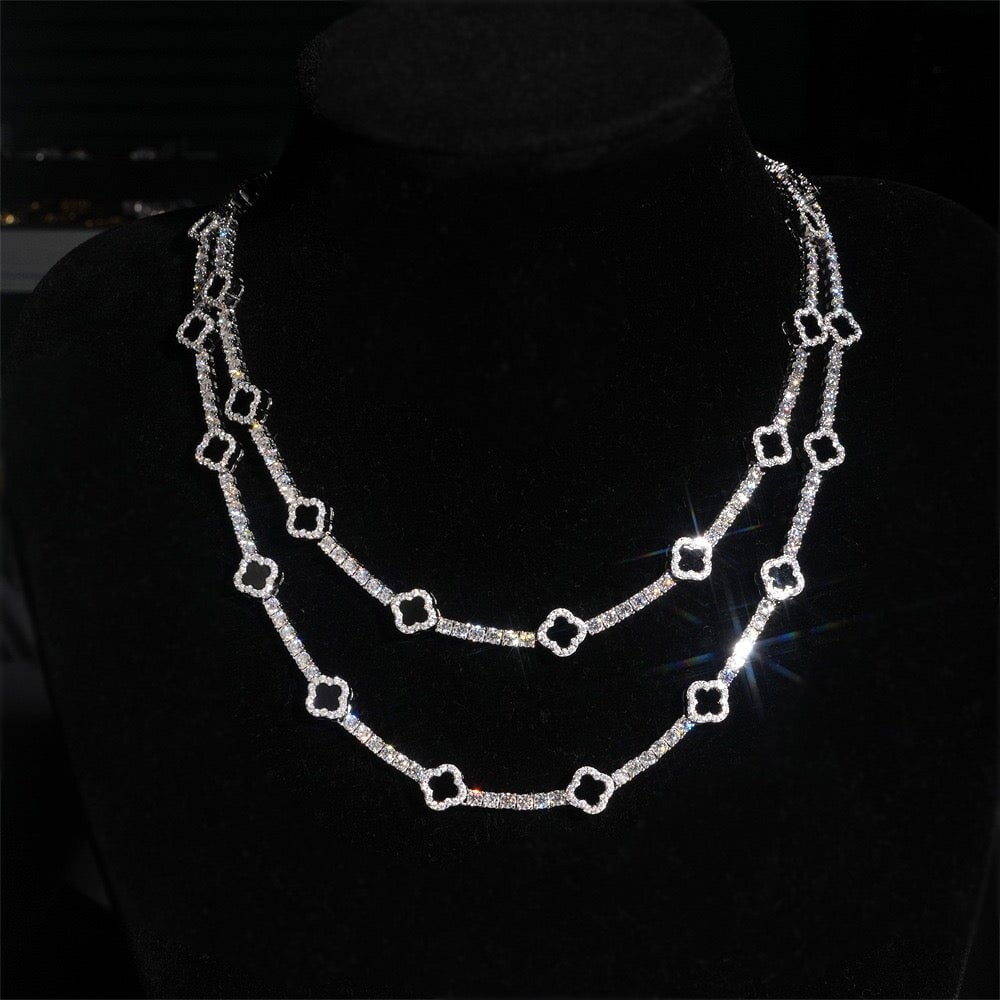 S925 Moissanite Black Clover Leaf Tennis Chain in White Gold - 3mm Necklaces